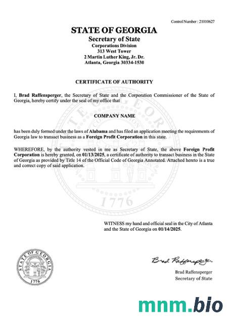USA Georgia vcertyfikat of authority Word i szablon PDF